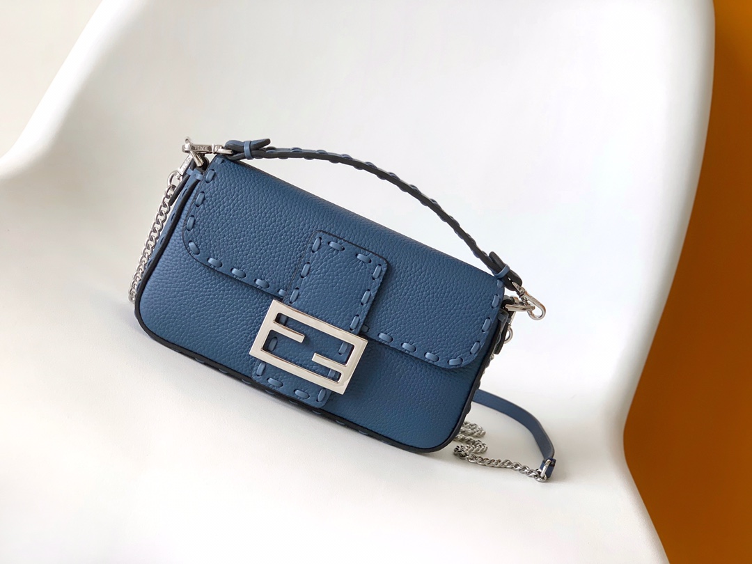 Fendi Mini Baguette Selleria With 309 Hand-sewn Topstitches Shoulder Bag Blue